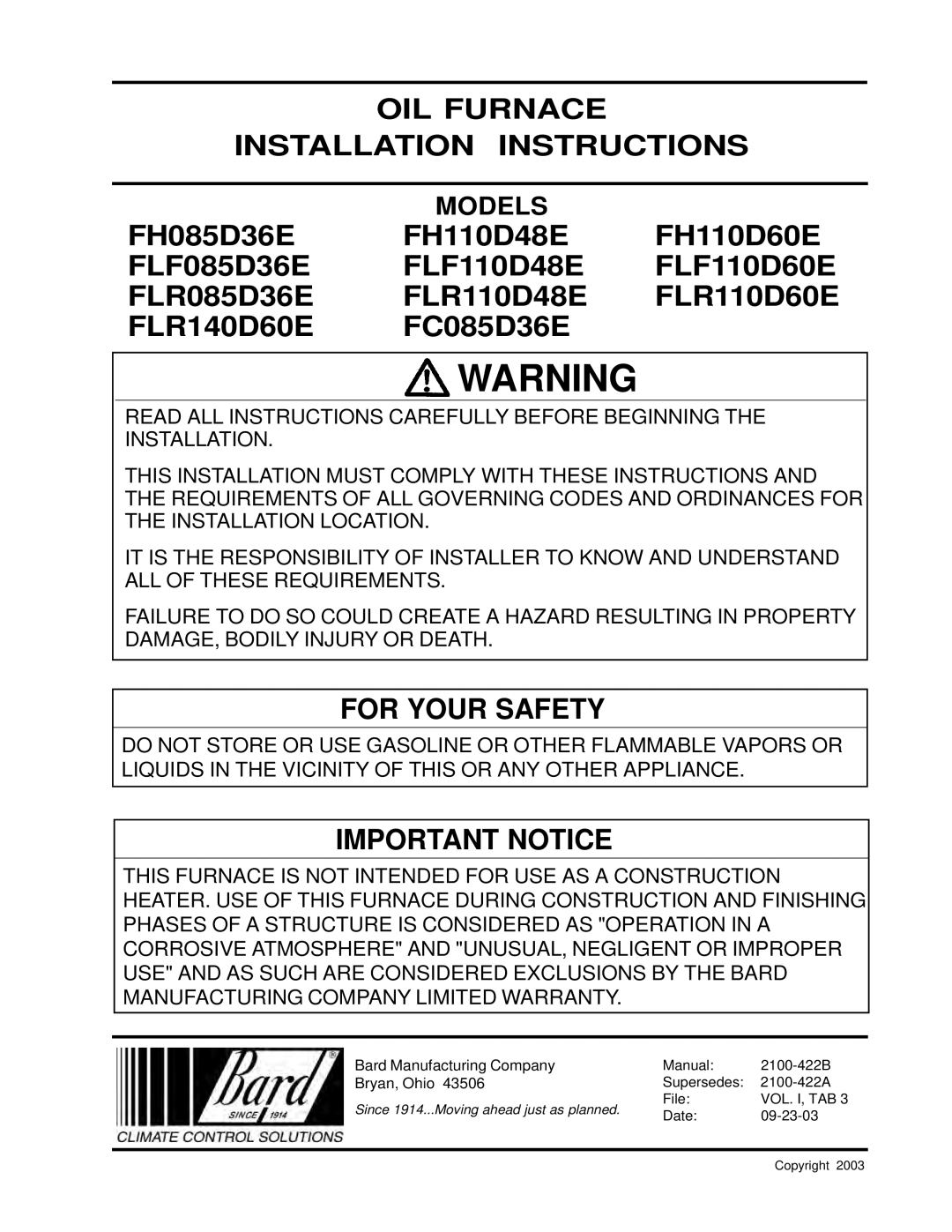 321 Studios FH110D48E, FLF110D48E, FLR140D60E, FLF085D36E, FLF110D60E warranty OIL Furnace Installation Instructions 