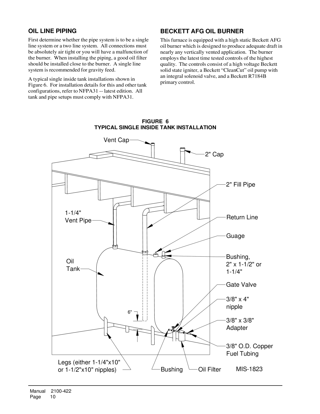 321 Studios FH110D48E, FLF110D48E warranty OIL Line Piping, Beckett AFG OIL Burner, Typical Single Inside Tank Installation 