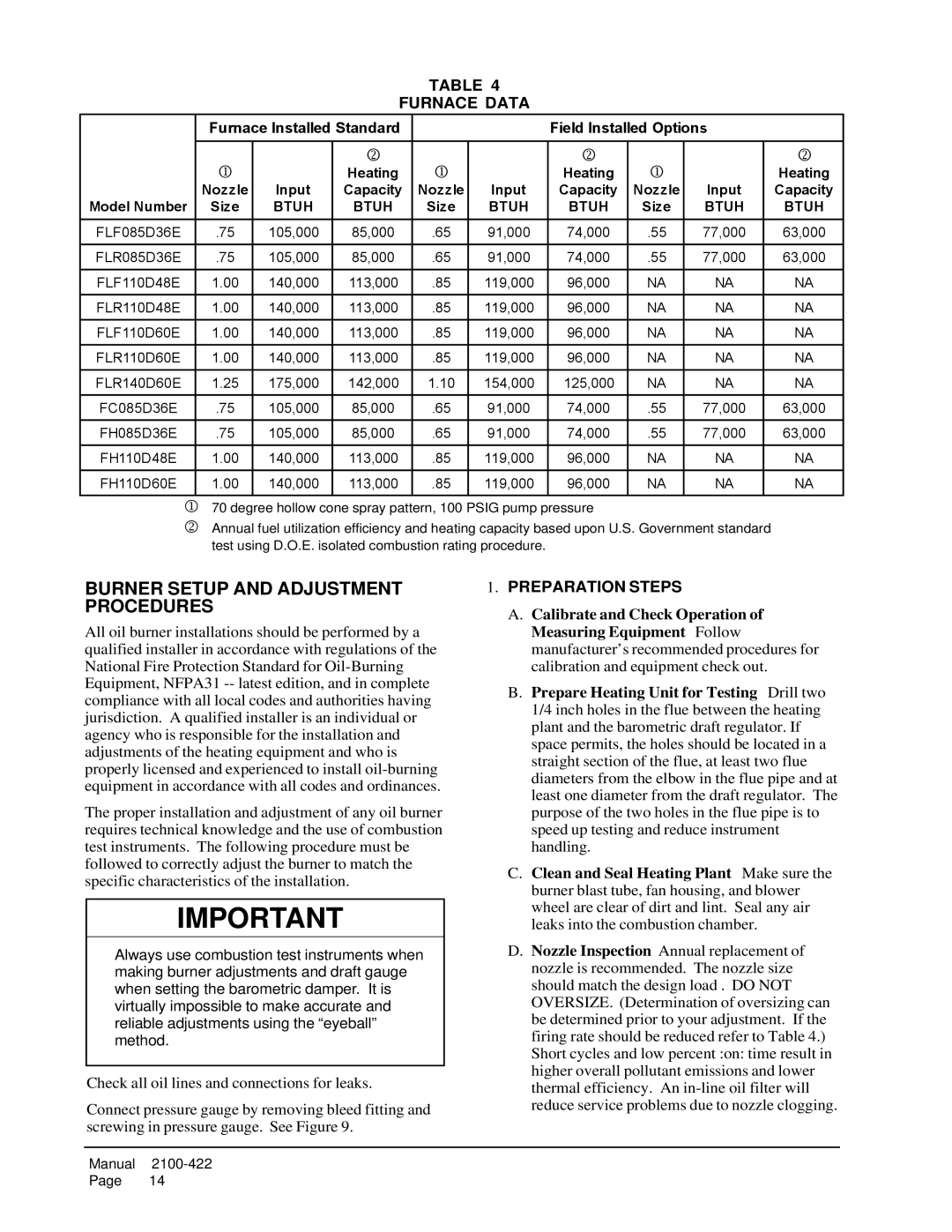 321 Studios FC085D36E, FLF110D48E, FH110D48E warranty Burner Setup and Adjustment Procedures, Furnace Data, Preparation Steps 