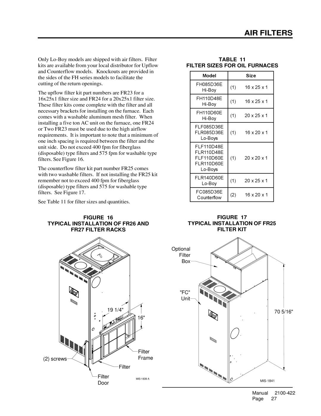 321 Studios FLR085D36E, FLF110D48E, FH110D48E Typical Installation of FR26 FR27 Filter Racks, Filter Sizes for OIL Furnaces 