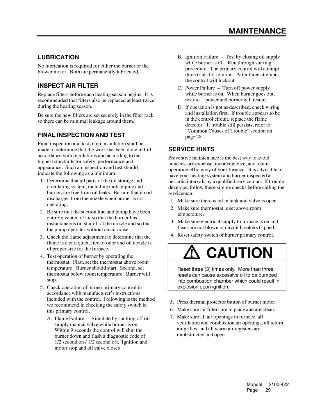 321 Studios FH085D36E, FLF110D48E, FH110D48E Lubrication, Inspect AIR Filter, Final Inspection and Test, Service Hints 