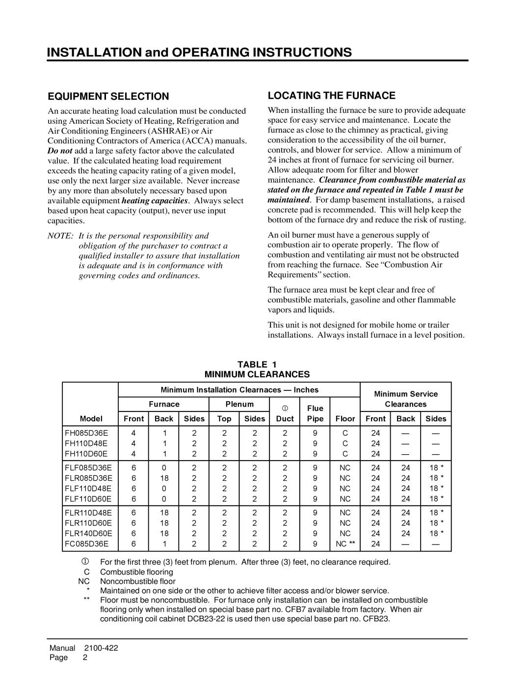 321 Studios FLF110D60E, FLF110D48E, FH110D48E, FLR140D60E Equipment Selection, Locating the Furnace, Minimum Clearances 