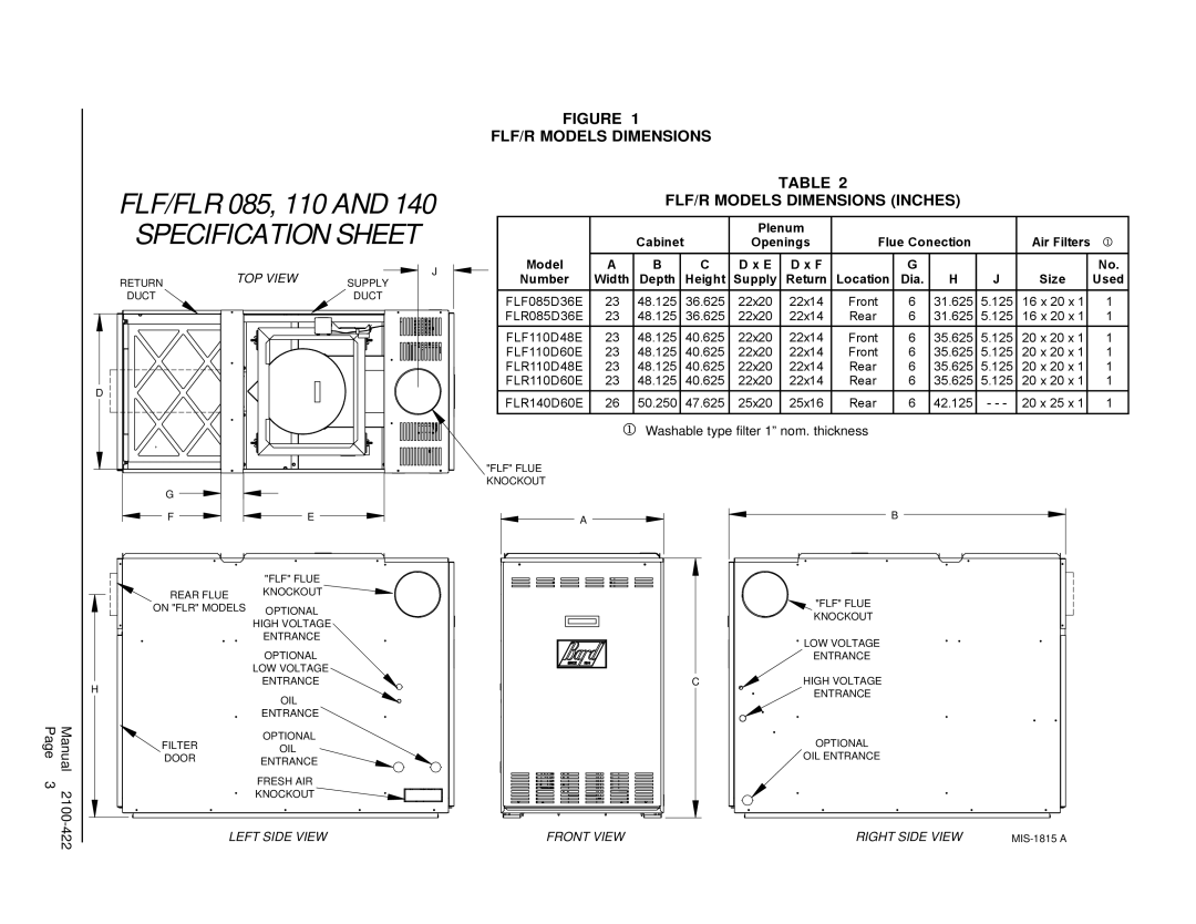 321 Studios FC085D36E, FLF110D48E, FH110D48E, FLR140D60E, FLF085D36E, FLF110D60E, FLR110D48E, FLR085D36E Specification Sheet 