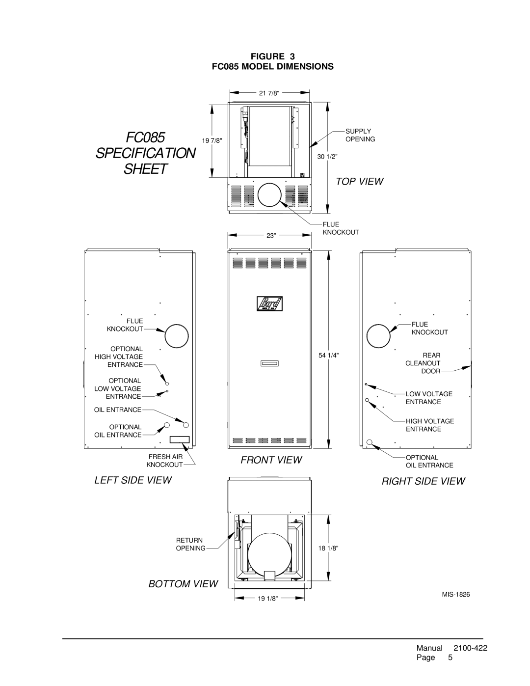 321 Studios FLR085D36E, FLF110D48E, FH110D48E, FLR140D60E, FLF085D36E, FLF110D60E Specification Sheet, FC085 Model Dimensions 