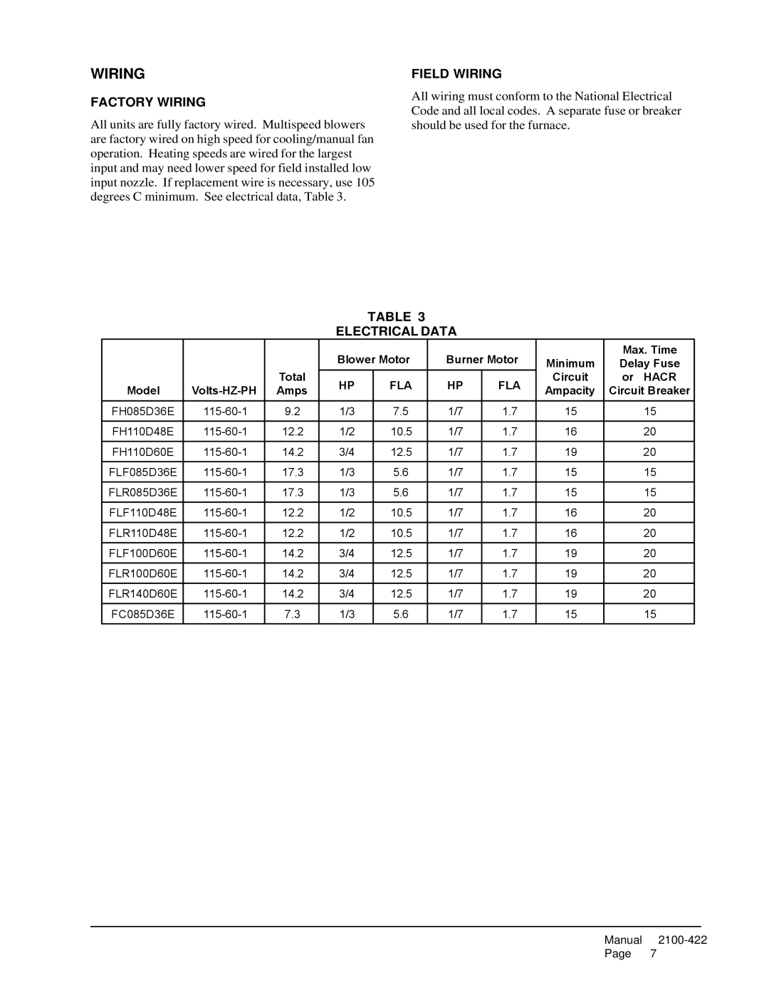 321 Studios FH085D36E, FLF110D48E, FH110D48E, FLR140D60E, FLF085D36E warranty Factory Wiring, Field Wiring, Electrical Data 