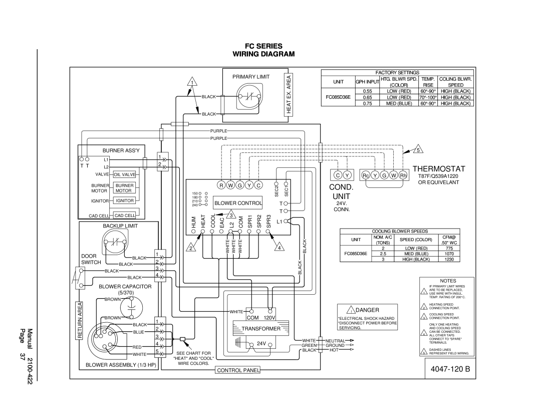 321 Studios FLR110D48E, FLF110D48E, FH110D48E, FLR140D60E Cond Unit, Thermostat, 4047-120 B, Fc Series, Wiring Diagram 