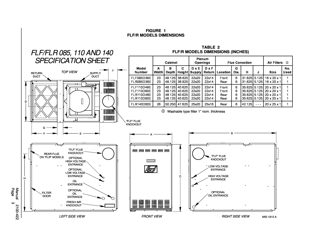 321 Studios FC085D36E warranty Specification Sheet, FLF/FLR 085, 110 AND, Top View, Flf/R Models Dimensions, Left Side View 