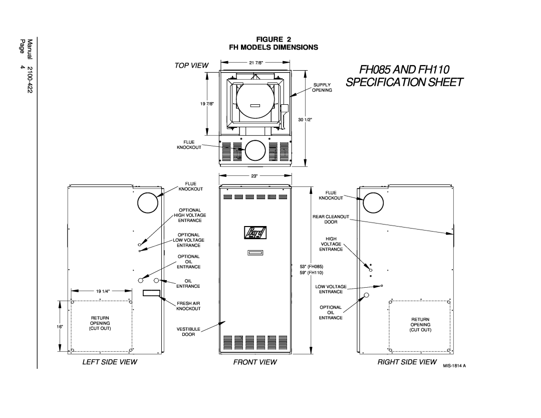 321 Studios FLR110D48E FH085 AND FH110 SUPPLY SPECIFICATION SHEET, Top View, Left Side View, Front View, Right Side View 