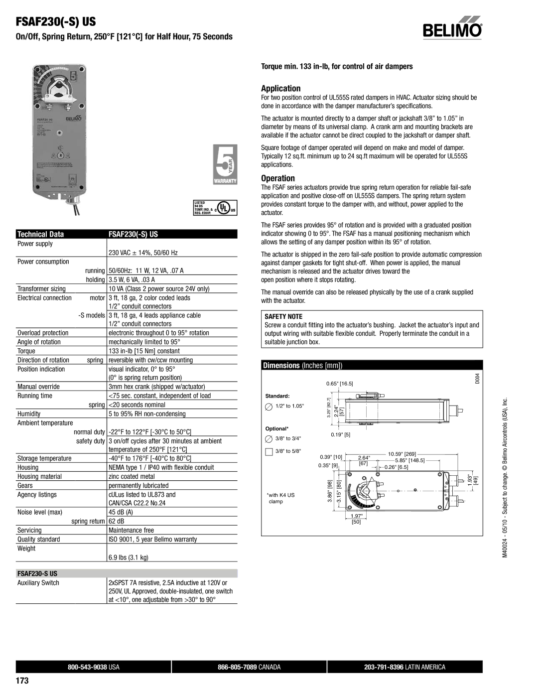 321 Studios FSAF24 specifications FSAF230-S US, On/Off, Spring Return, 250F 121C for Half Hour, 75 Seconds, 173 