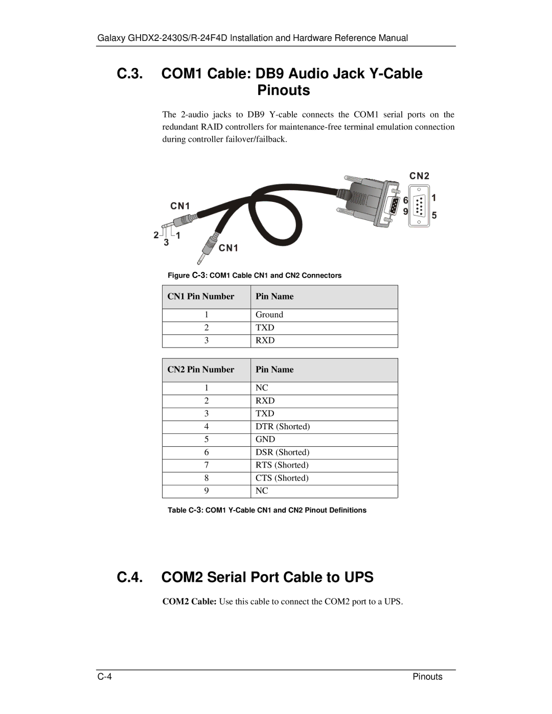 321 Studios GHDX2-2430S-24F4D manual COM1 Cable DB9 Audio Jack Y-Cable Pinouts, COM2 Serial Port Cable to UPS 