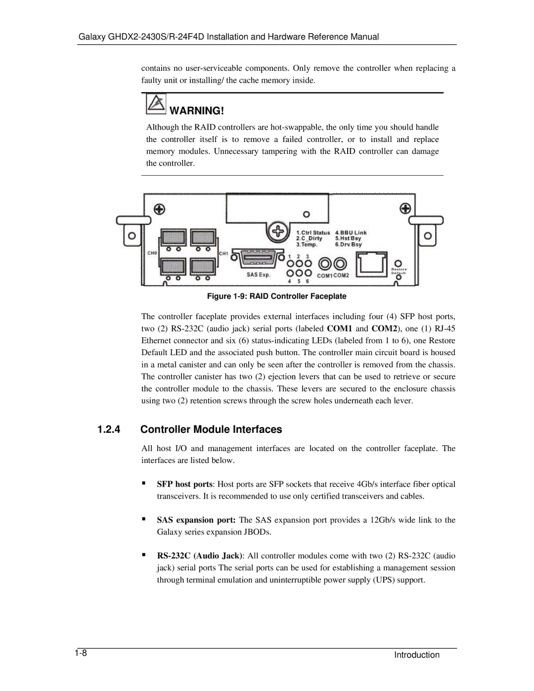 321 Studios GHDX2-2430S-24F4D manual Controller Module Interfaces, RAID Controller Faceplate 