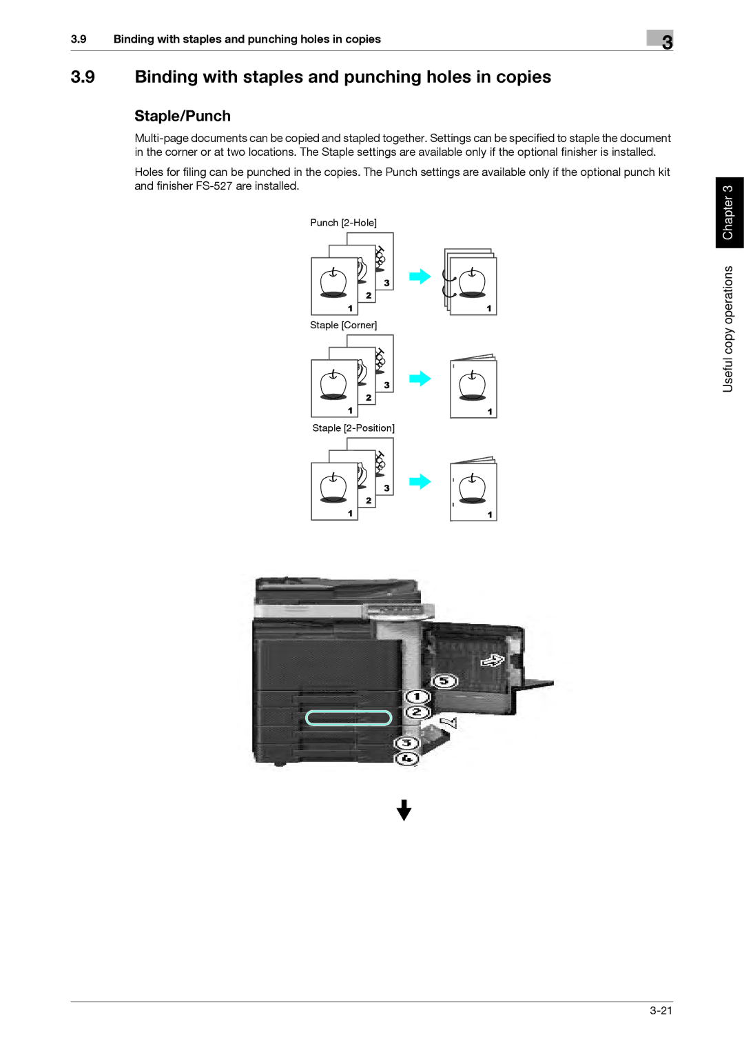 321 Studios MFX-C2828 manual Binding with staples and punching holes in copies, Staple/Punch 