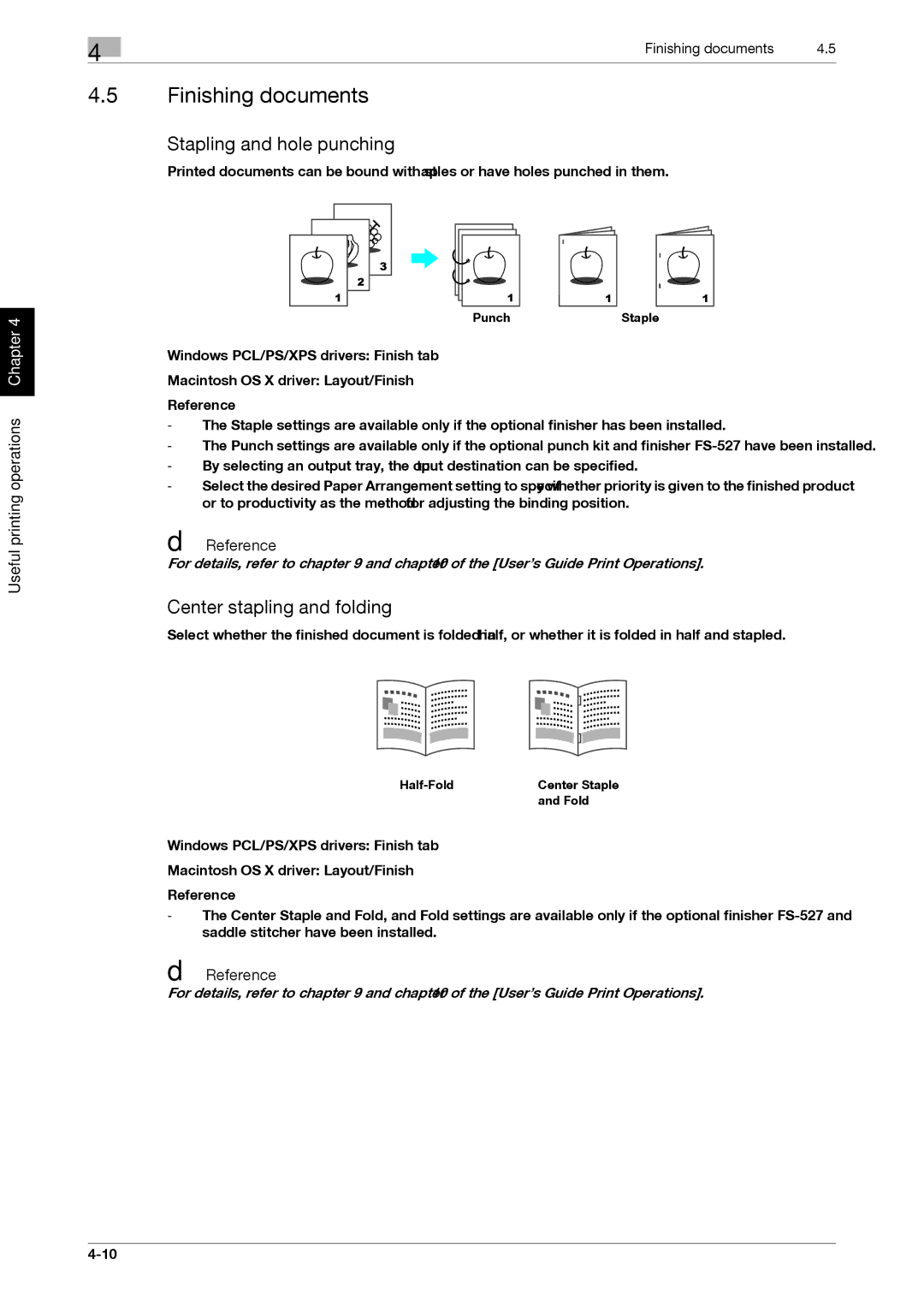 321 Studios MFX-C2828 manual Finishing documents, Stapling and hole punching, Center stapling and folding 