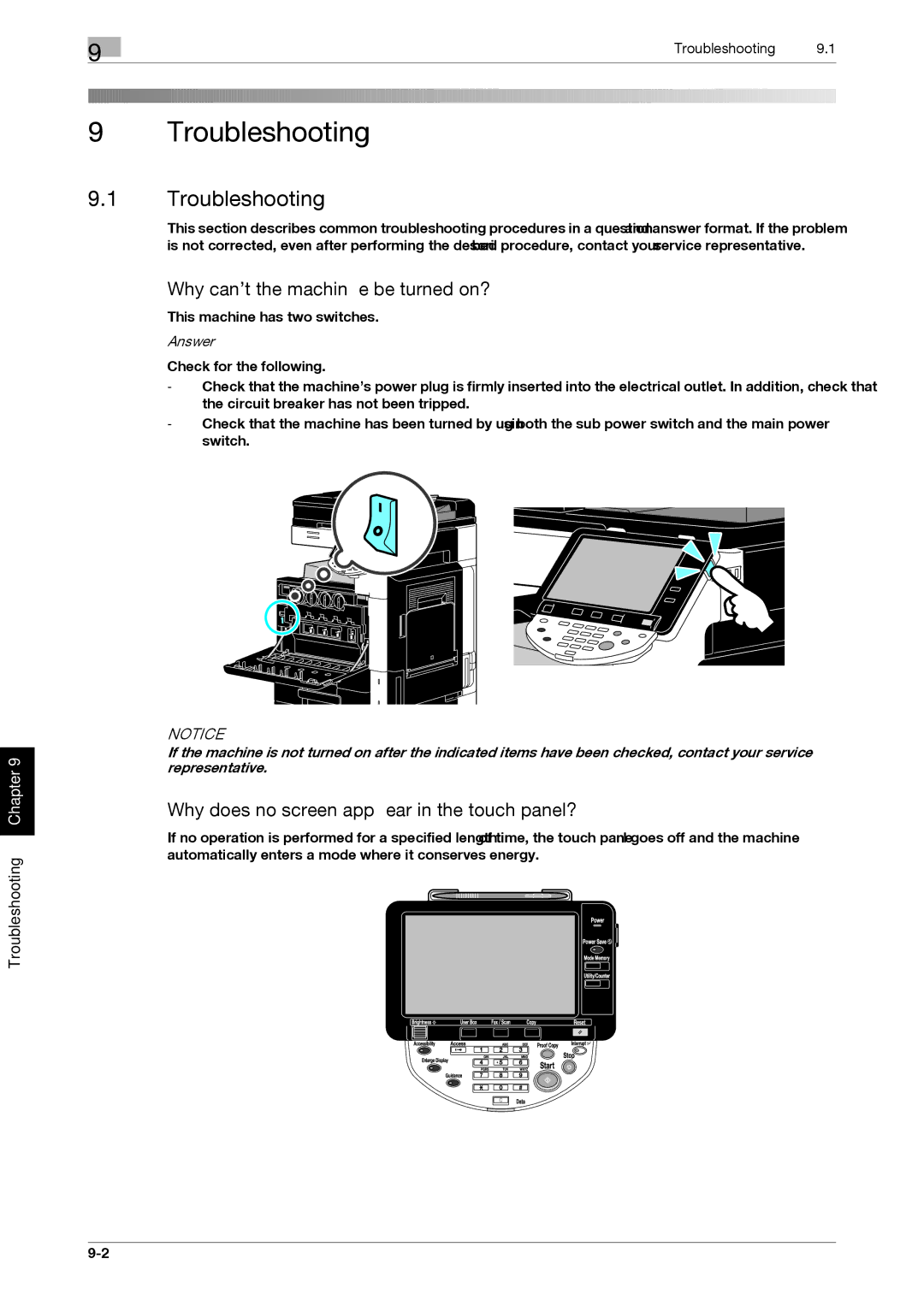 321 Studios MFX-C2828 Troubleshooting, Why can’t the machine be turned on?, Why does no screen appear in the touch panel? 