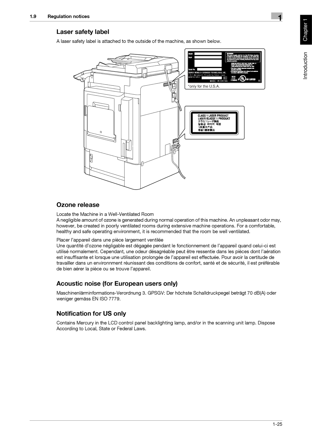 321 Studios MFX-C2828 Laser safety label, Ozone release, Acoustic noise for European users only, Notification for US only 