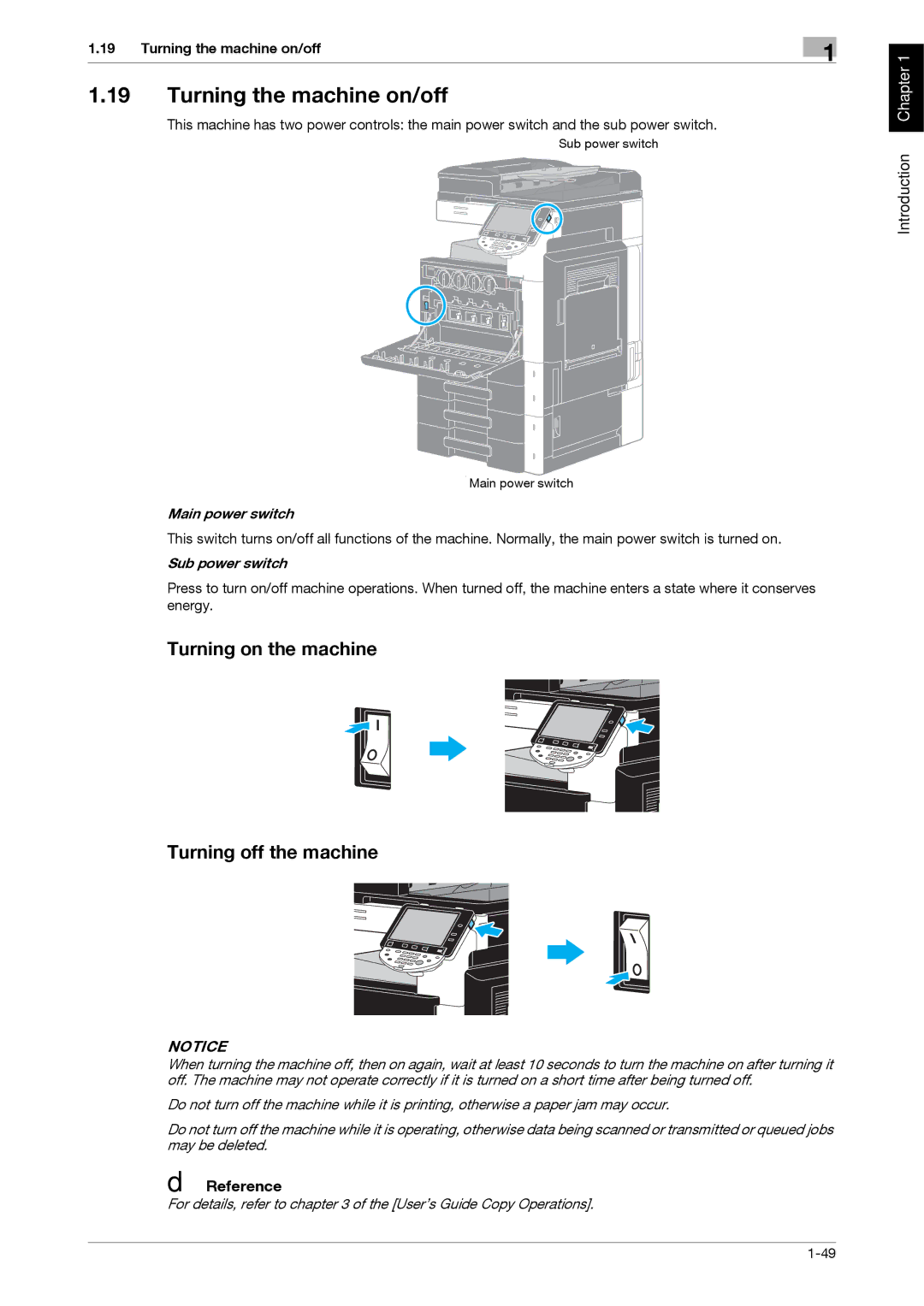 321 Studios MFX-C2828 manual Turning the machine on/off, Turning on the machine Turning off the machine 