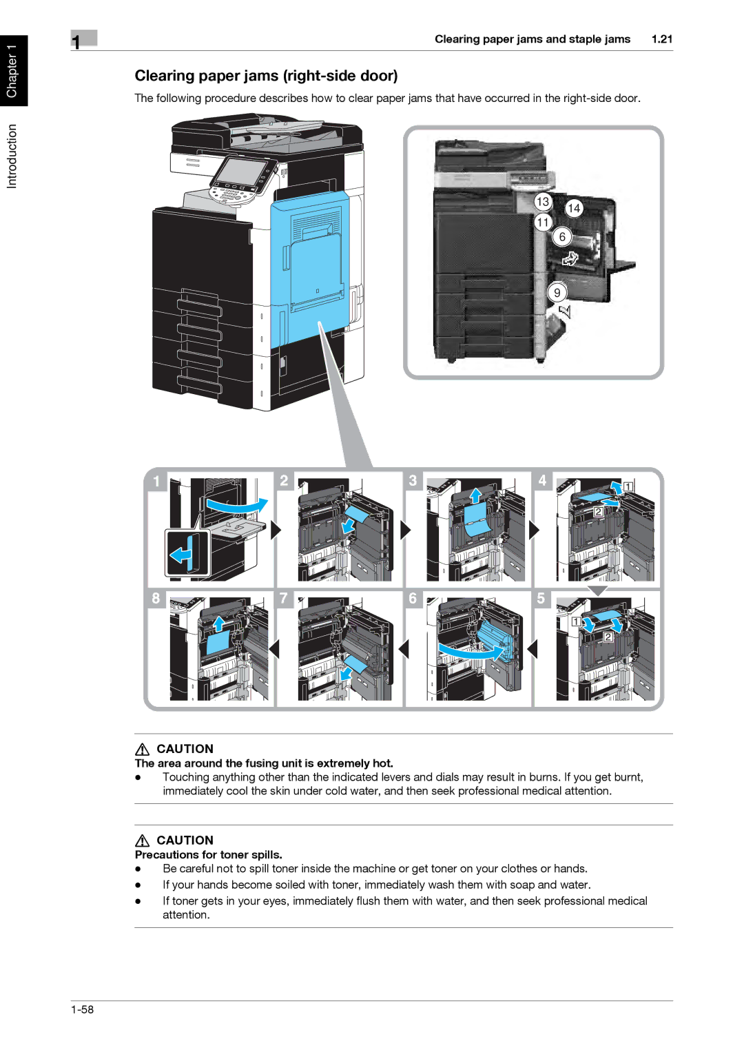 321 Studios MFX-C2828 manual Clearing paper jams right-side door, Area around the fusing unit is extremely hot 