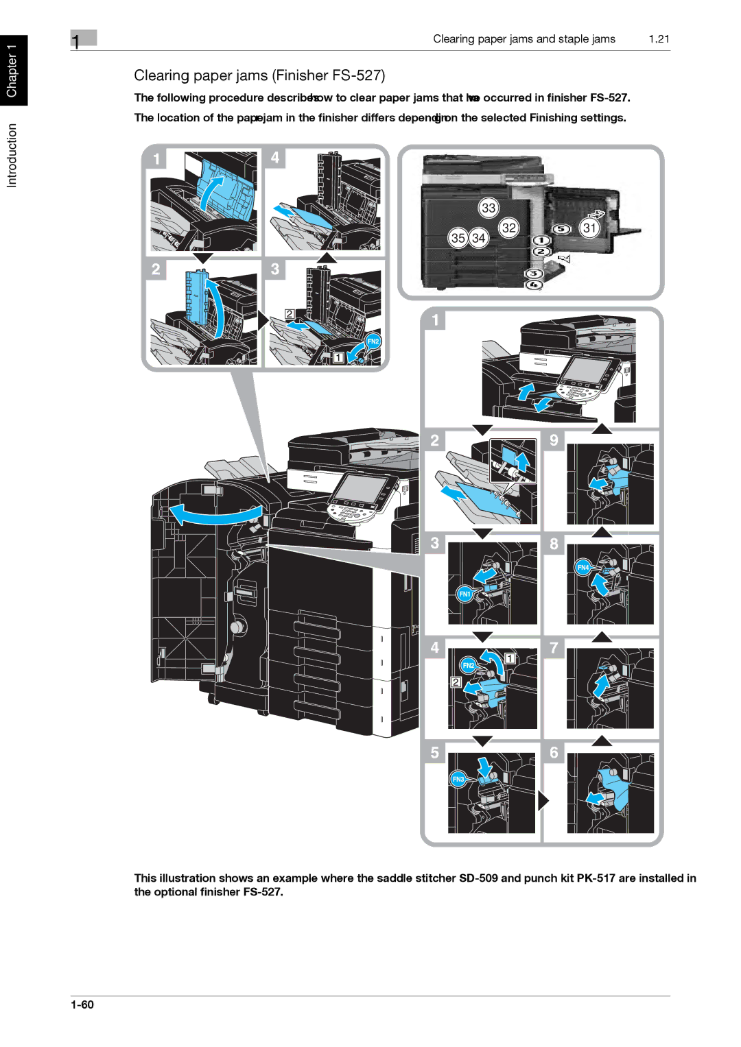 321 Studios MFX-C2828 manual Clearing paper jams Finisher FS-527 