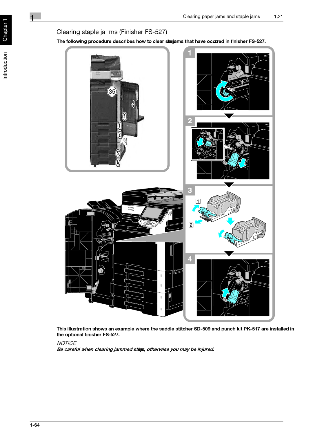 321 Studios MFX-C2828 manual Clearing staple jams Finisher FS-527 