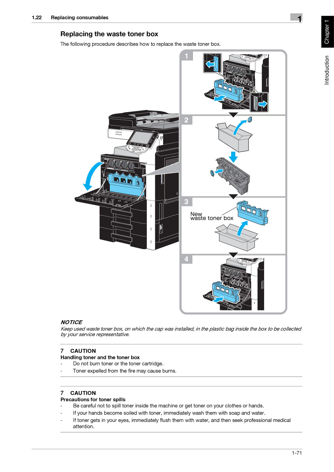 321 Studios MFX-C2828 manual Replacing the waste toner box, Handling toner and the toner box 