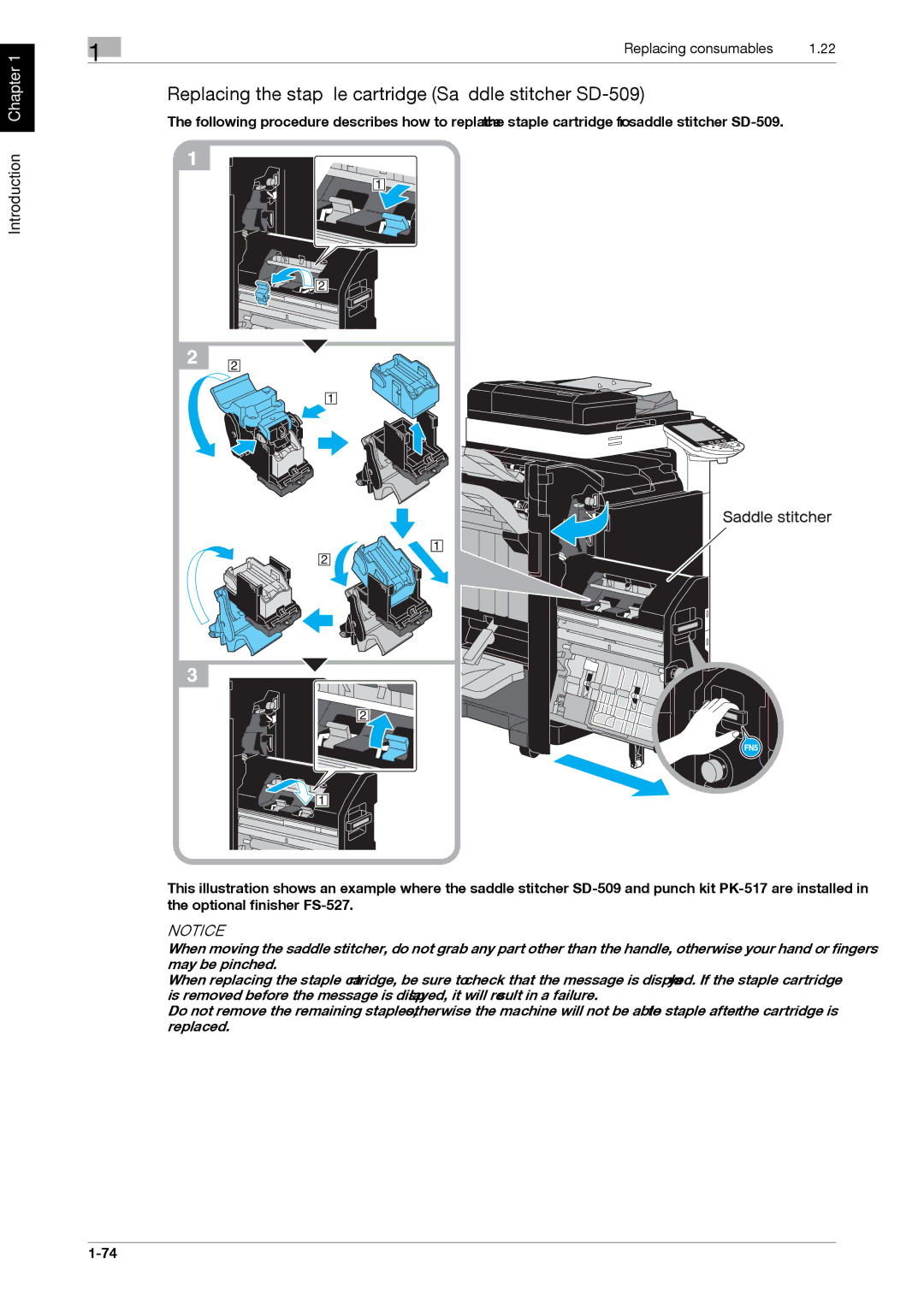 321 Studios MFX-C2828 manual Replacing the staple cartridge Saddle stitcher SD-509 