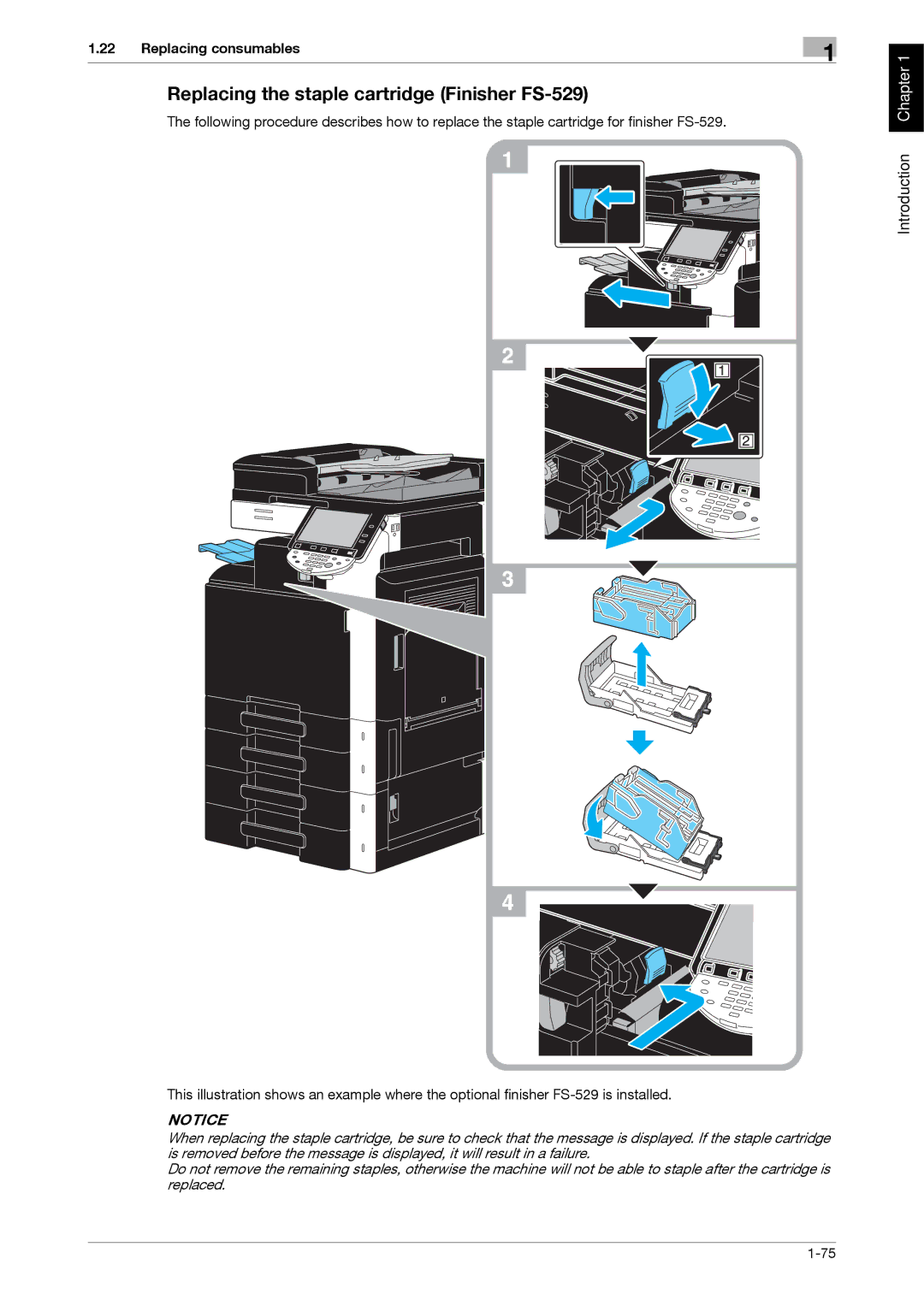 321 Studios MFX-C2828 manual Replacing the staple cartridge Finisher FS-529 