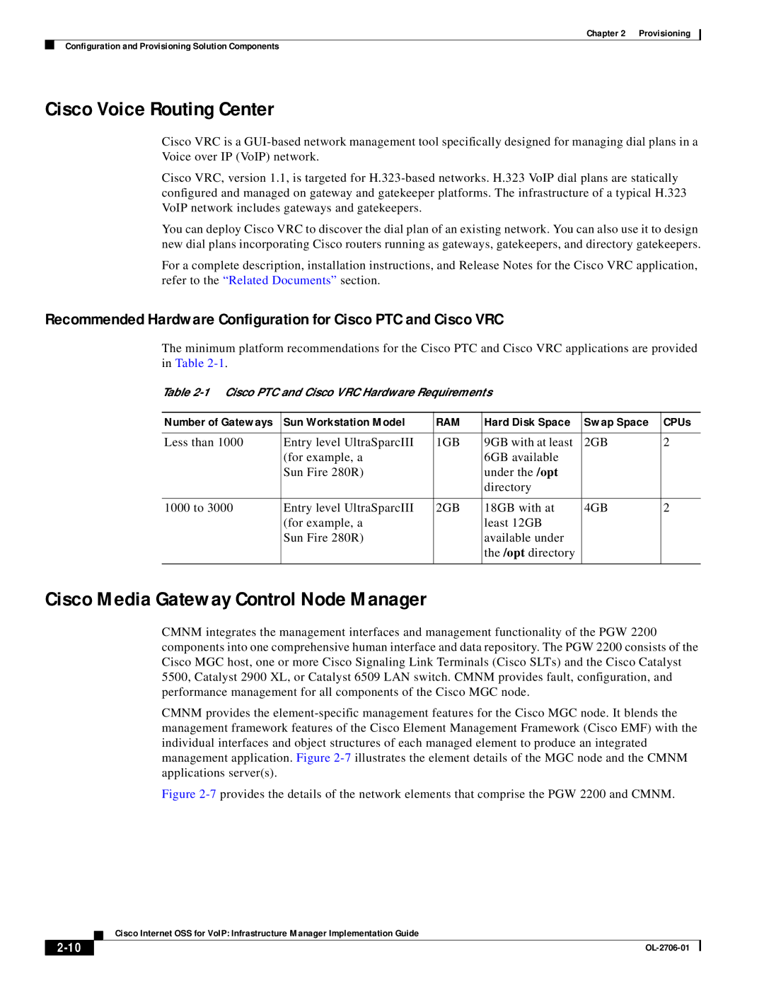 321 Studios OL-2706-01 manual Cisco Voice Routing Center, Cisco Media Gateway Control Node Manager, 9GB with at least 