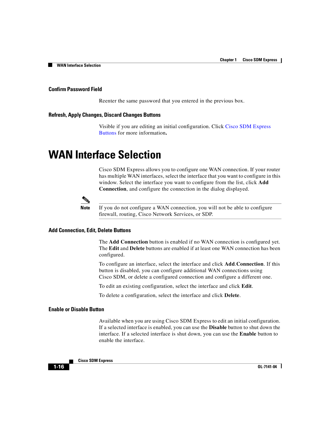 321 Studios OL-7141-04 manual WAN Interface Selection, Add Connection, Edit, Delete Buttons, Enable or Disable Button 