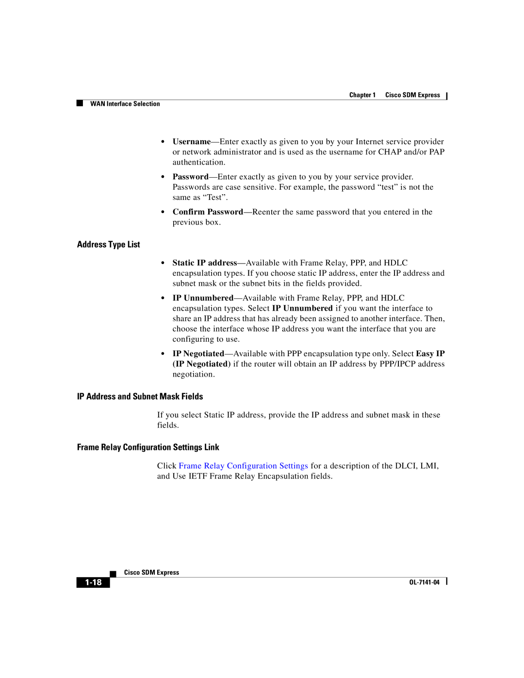 321 Studios OL-7141-04 manual IP Address and Subnet Mask Fields, Frame Relay Configuration Settings Link 