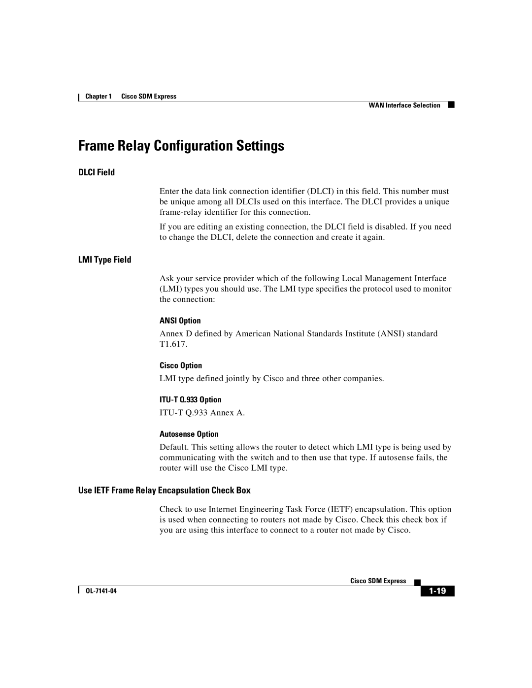 321 Studios OL-7141-04 manual Frame Relay Configuration Settings, Dlci Field, LMI Type Field 