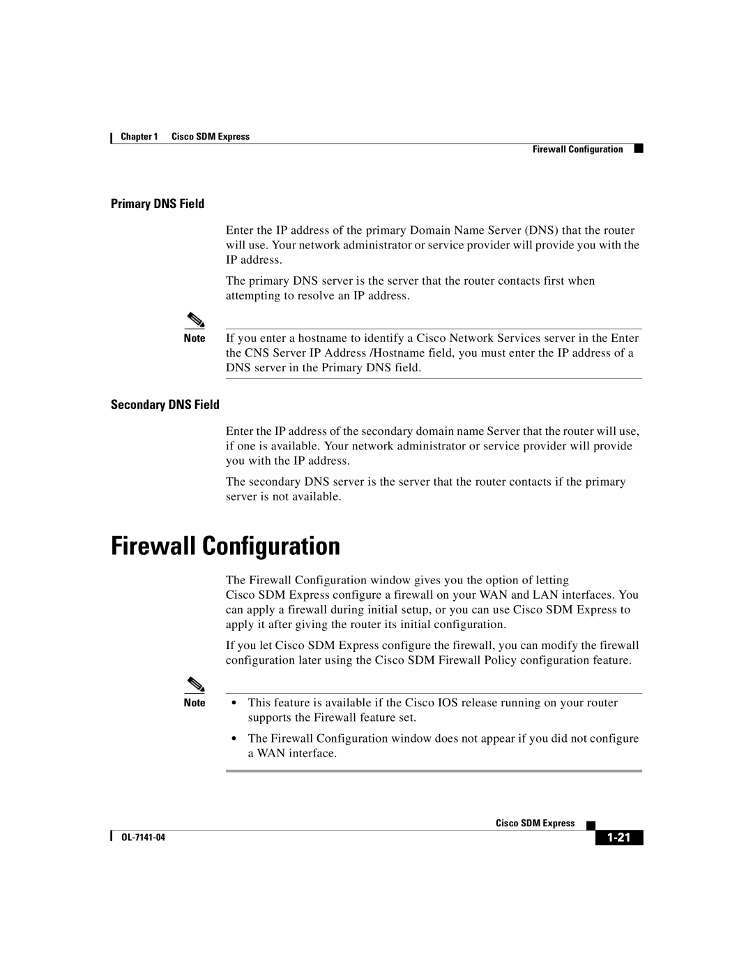 321 Studios OL-7141-04 manual Firewall Configuration, Primary DNS Field, Secondary DNS Field 