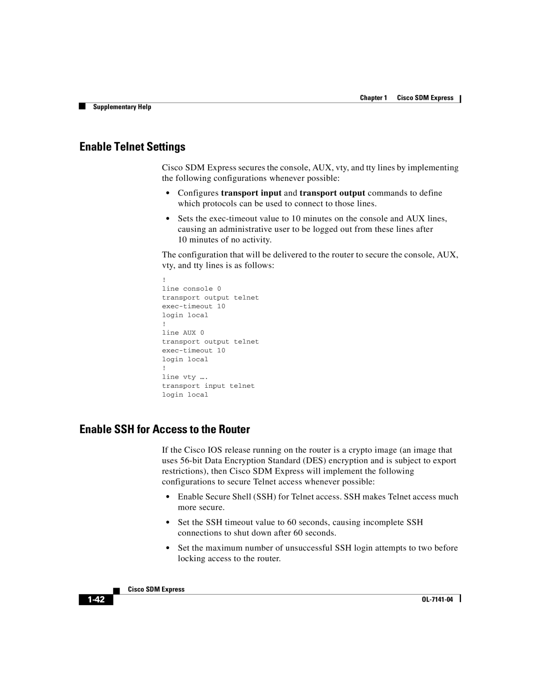 321 Studios OL-7141-04 manual Enable Telnet Settings, Enable SSH for Access to the Router 