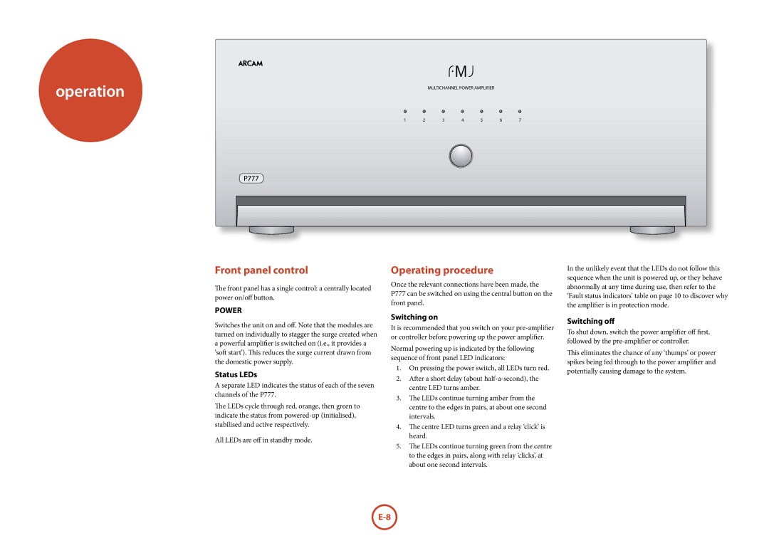 321 Studios P777 manual Operation, Front panel control, Operating procedure 