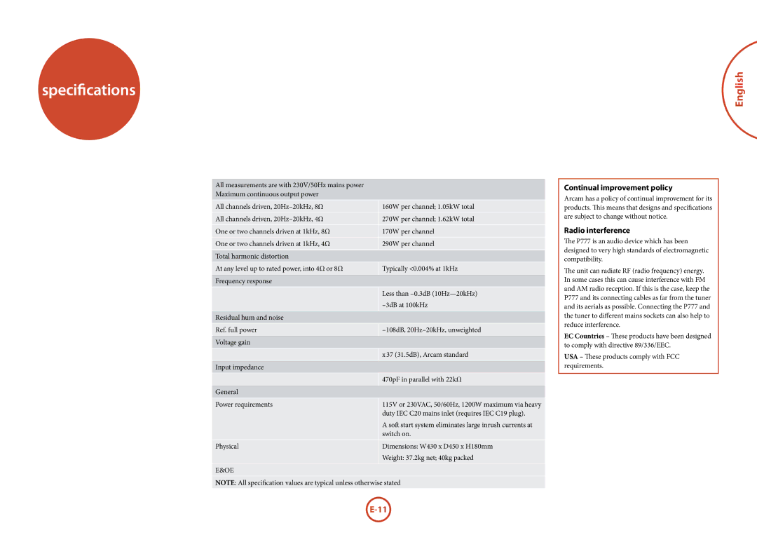 321 Studios P777 manual Specifications, Continual improvement policy, Radio interference, Switch on 