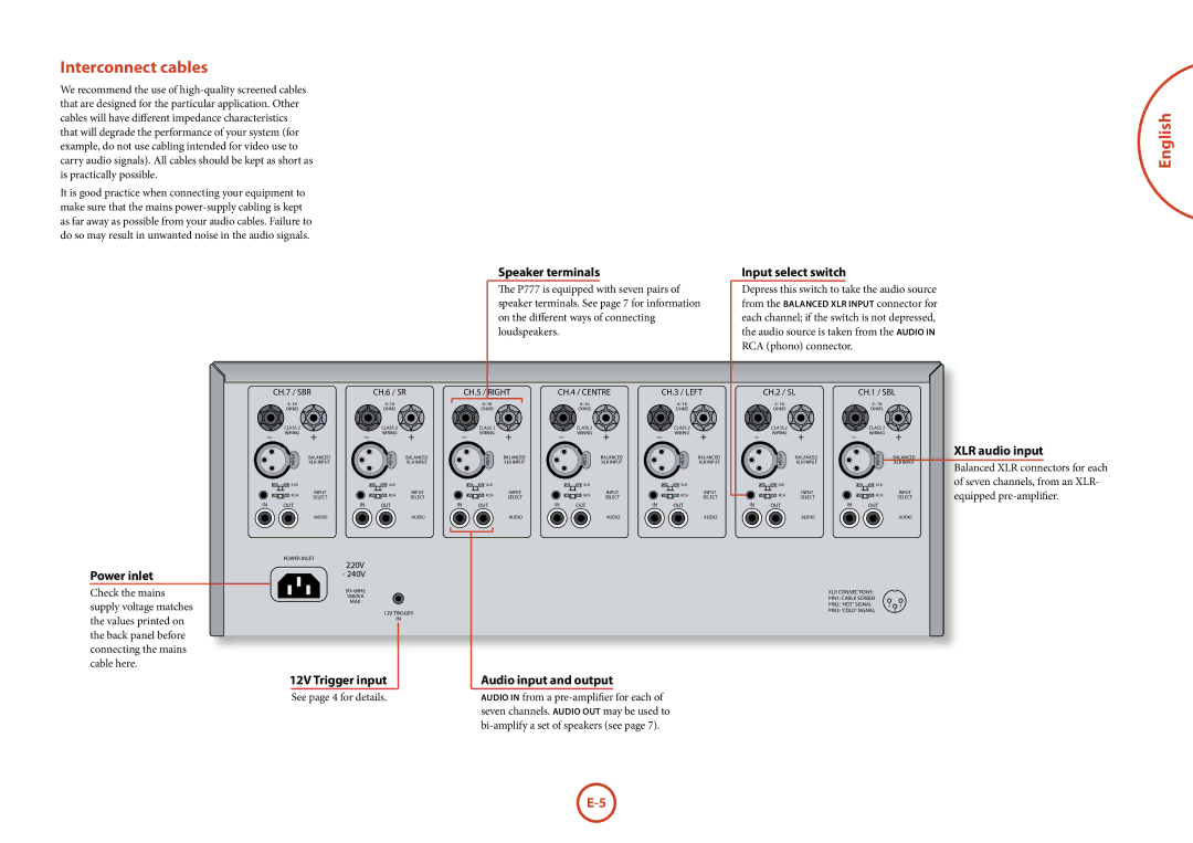 321 Studios P777 manual Interconnect cables, Input select switch, XLR audio input, Power inlet, Audio input and output 