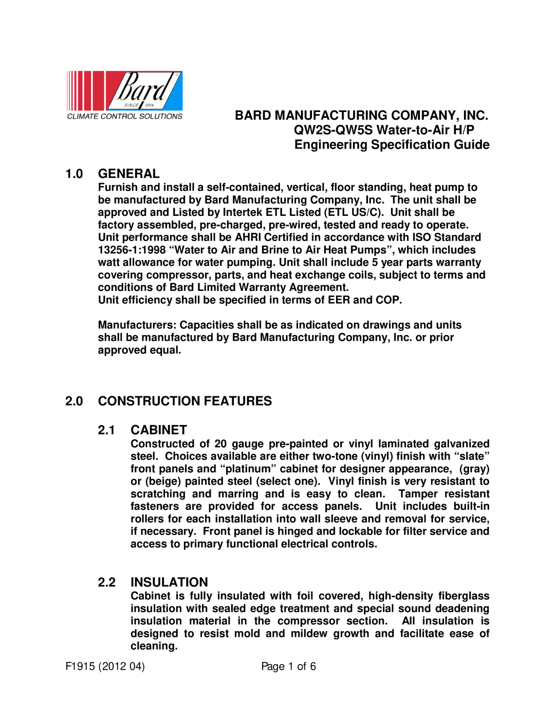 321 Studios warranty Bard Manufacturing COMPANY, INC, QW2S-QW5S Water-to-Air H/P Engineering Specification Guide 