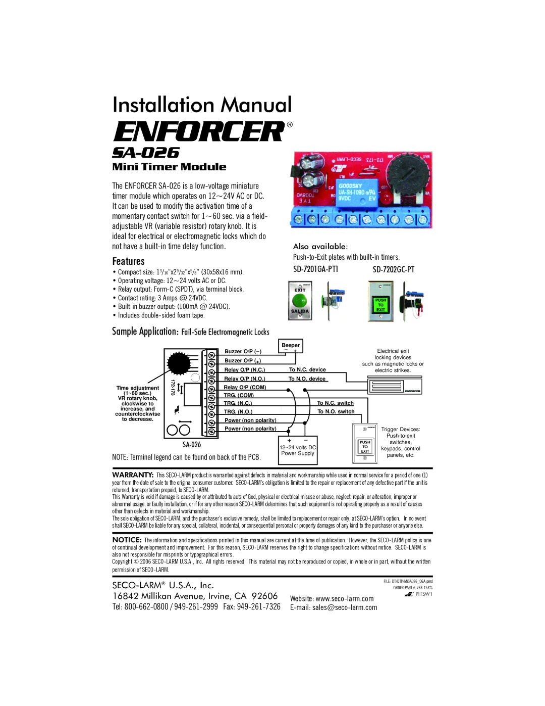 321 Studios SA-026 installation manual Enforcer, Mini Timer Module, Features 