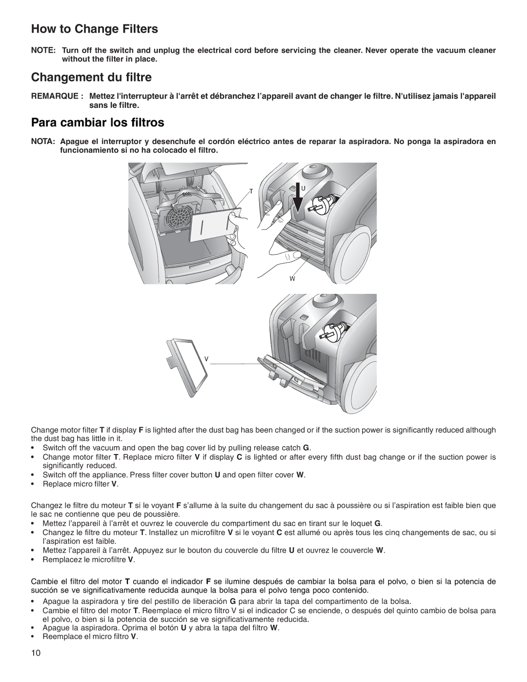 321 Studios Srie SP6900 warranty How to Change Filters Changement du filtre, Para cambiar los filtros 