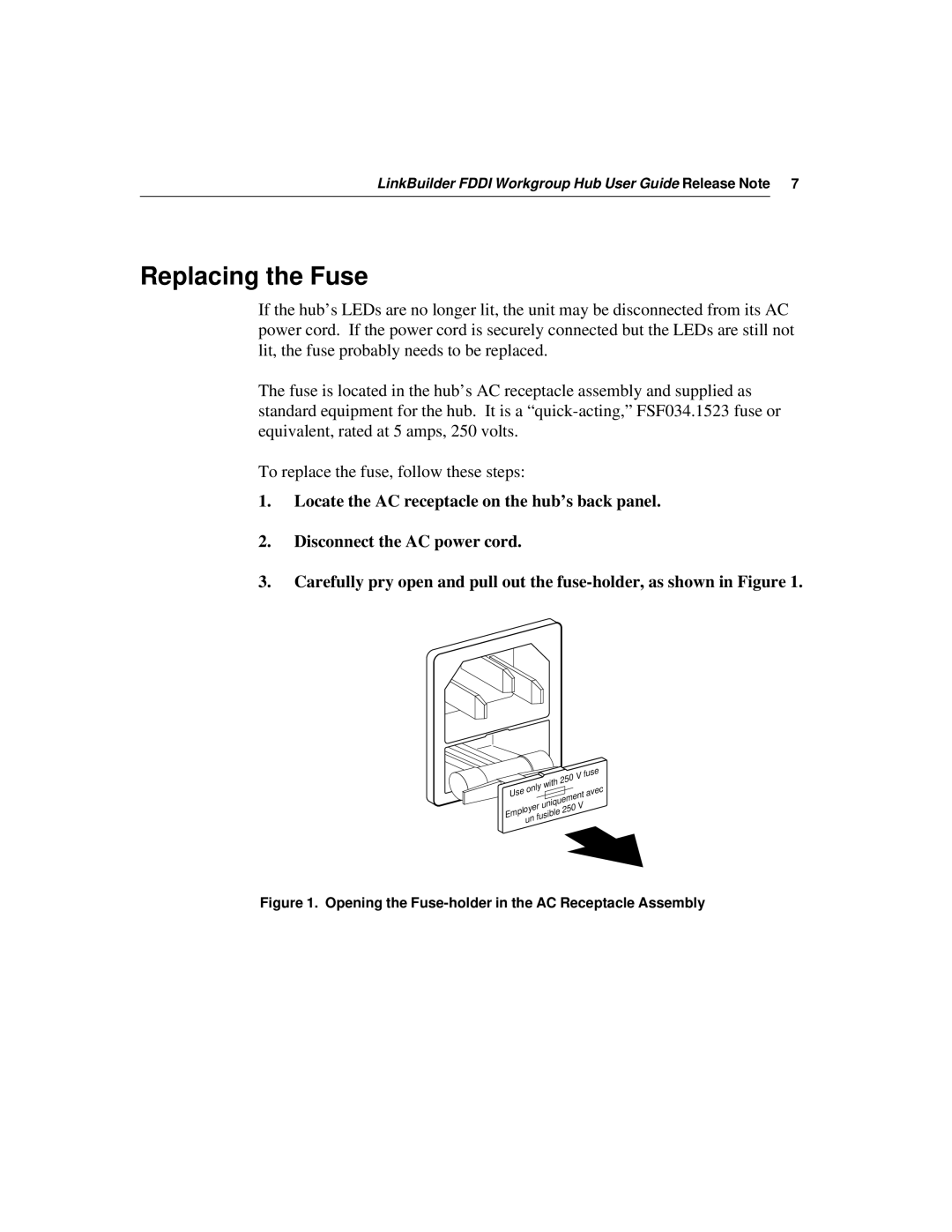 3Com 09-0487-002 manual Replacing the Fuse, Opening the Fuse-holder in the AC Receptacle Assembly 