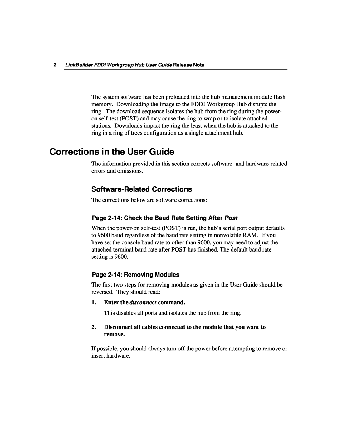 3Com 09-0487-002 manual Corrections in the User Guide, Software-Related Corrections, Page 2-14 Removing Modules 