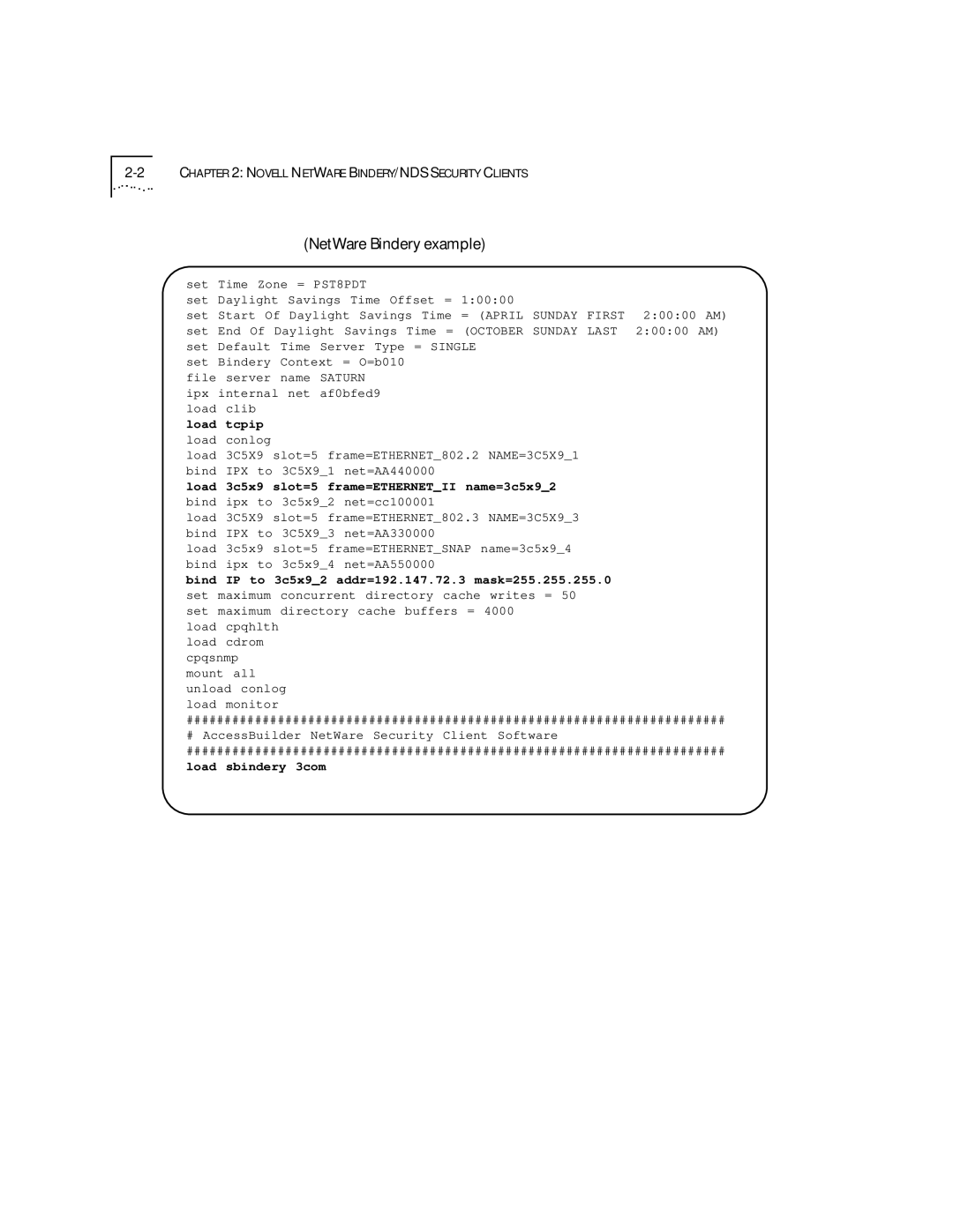 3Com 09-0704-001 manual NetWare Bindery example, Bind IP to 3c5x92 addr=192.147.72.3 mask=255.255.255.0 