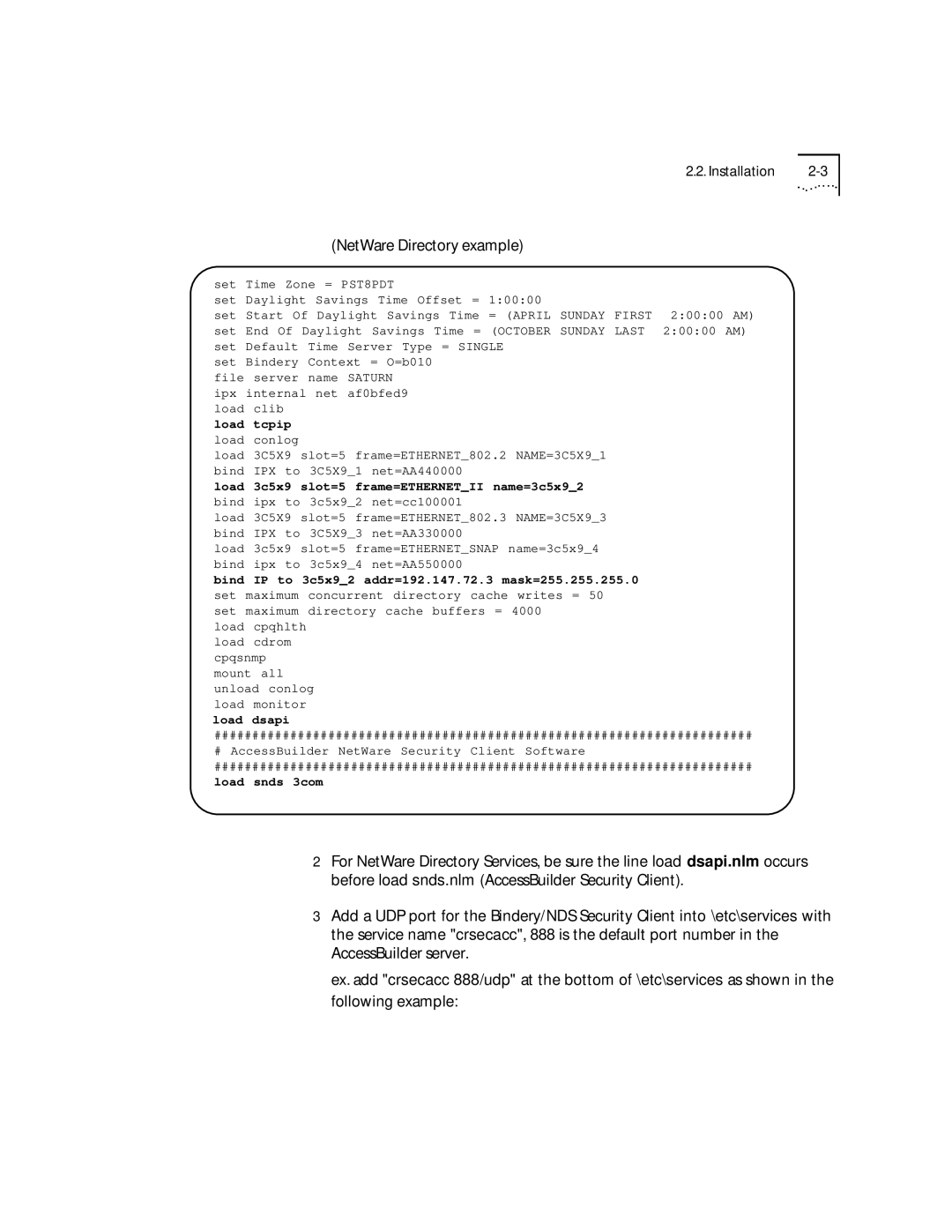 3Com 09-0704-001 manual NetWare Directory example, Load dsapi 