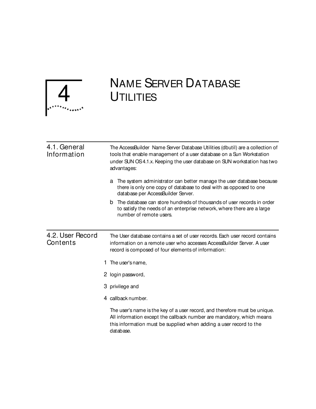 3Com 09-0704-001 manual Name Server Database Utilities, General Information, User Record Contents 