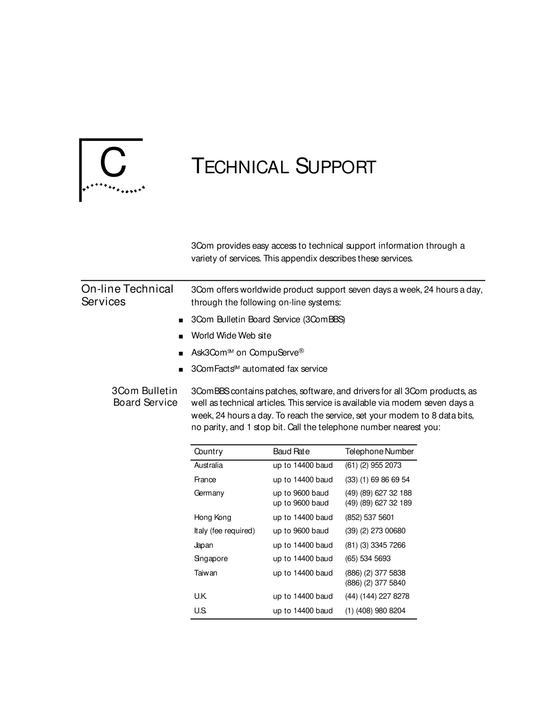 3Com 09-0704-001 manual On-line Technical, Services, Variety of services. This appendix describes these services 