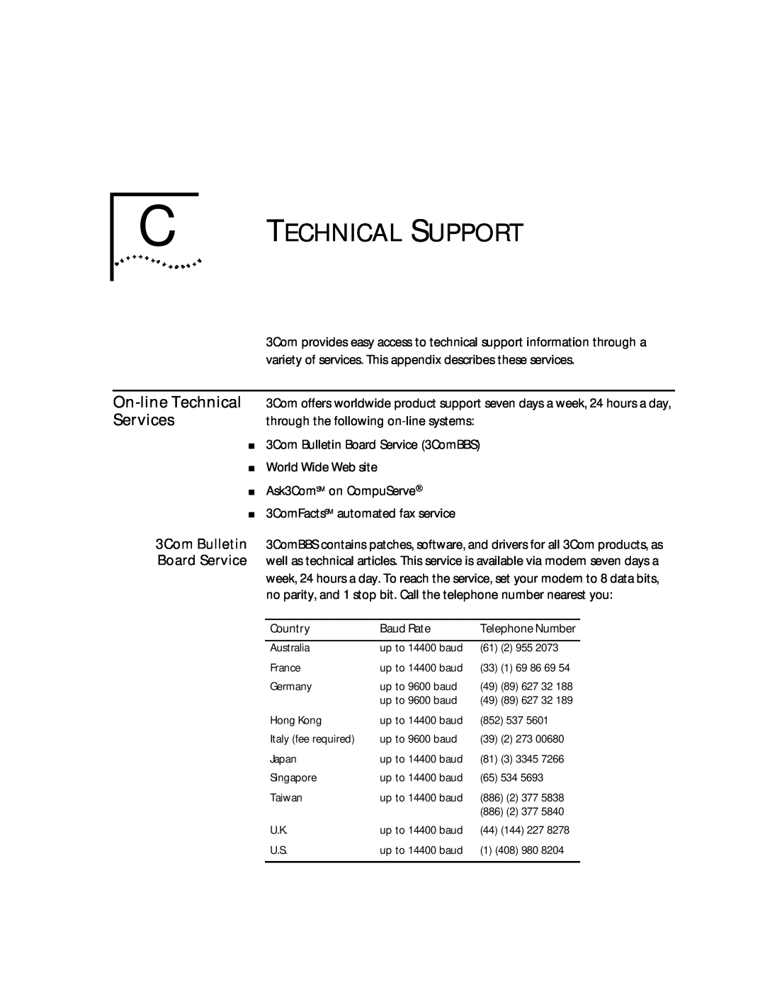 3Com 09-0704-001 manual On-line Technical, Services, Technical Support 