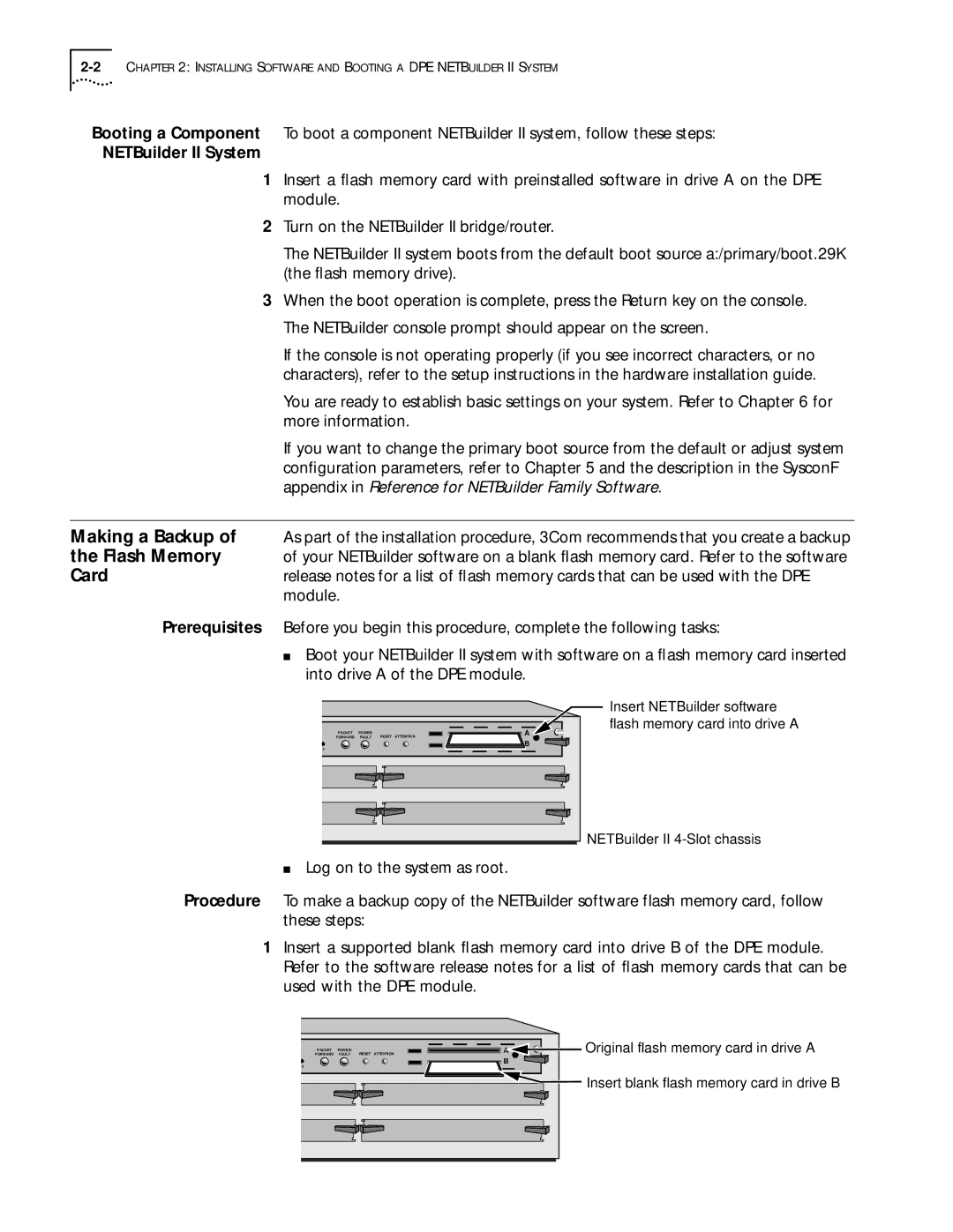 3Com 09-1324-000 manual Making a Backup, Flash Memory, Card, NETBuilder II System, Into drive a of the DPE module 