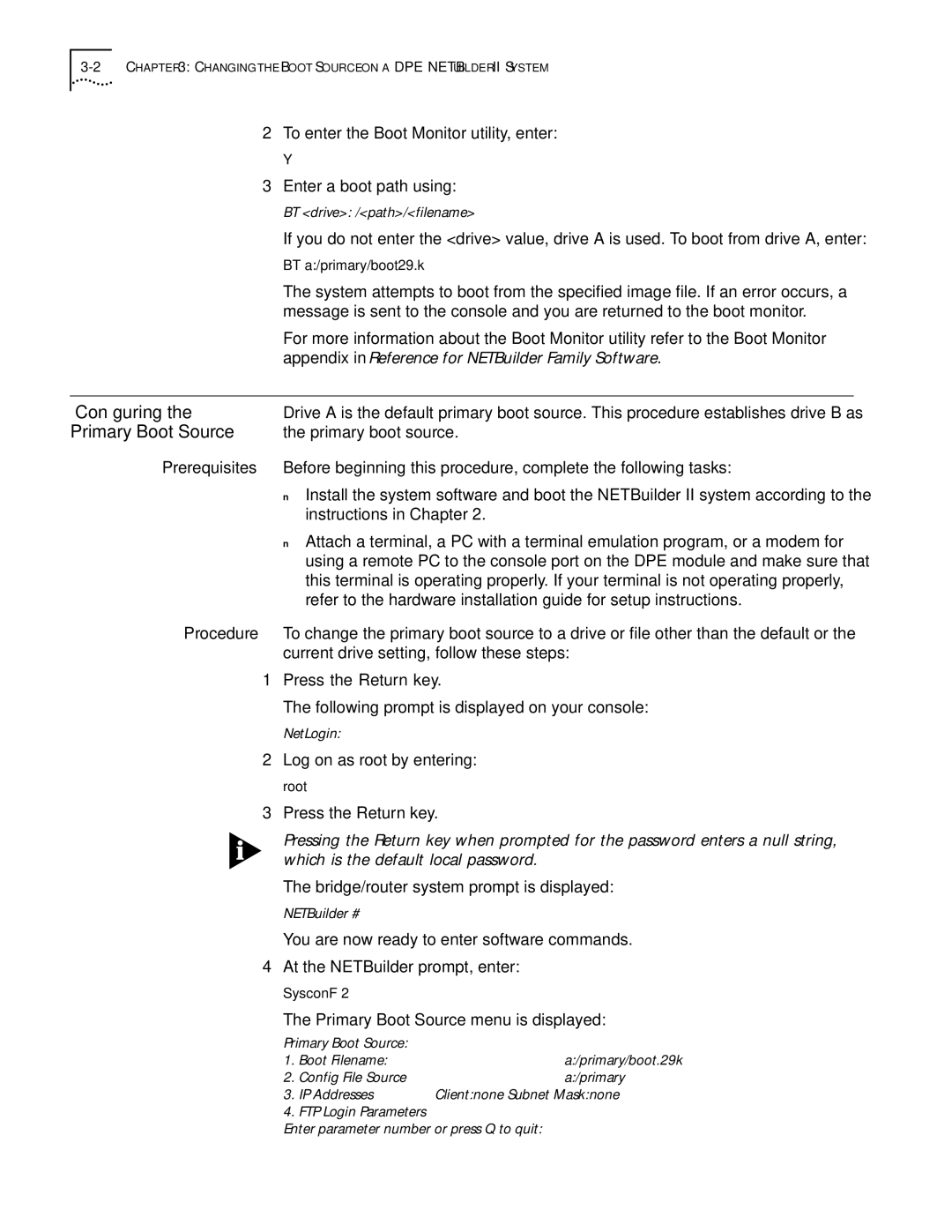3Com 09-1324-000 manual Conﬁguring, Primary Boot Source, Primary boot source 