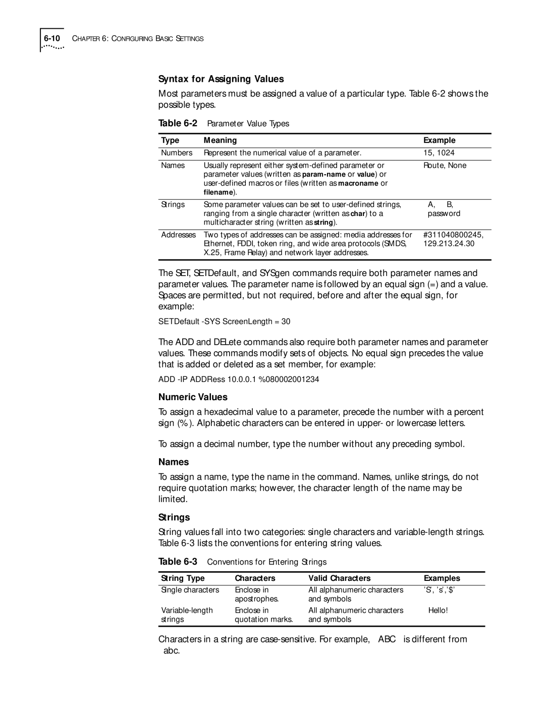 3Com 09-1324-000 manual Syntax for Assigning Values, Numeric Values, Names, Strings 