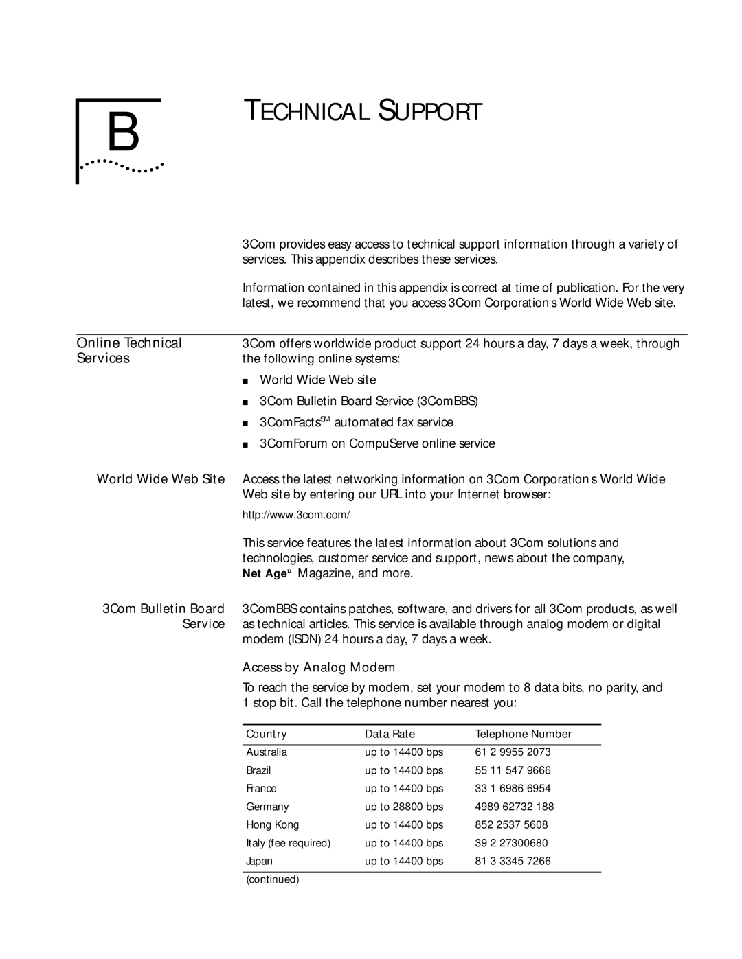 3Com 09-1324-000 manual Technical Support, Online Technical, Services, Access by Analog Modem 