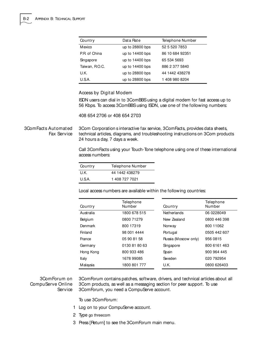 3Com 09-1324-000 manual Access by Digital Modem, 408 654 2706 or 408 654, Press Return to see the 3ComForum main menu 